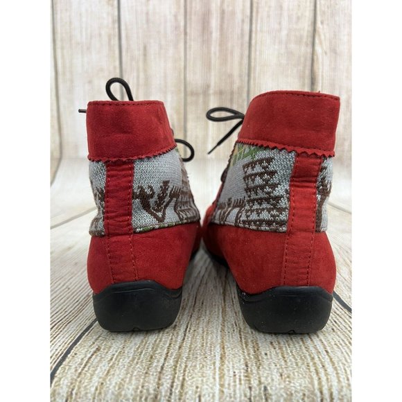 Women Ankle Moccasin Booties Ankle Boots Sz 7W Red Faux Suede Lace Up Boho - Picture 5 of 10